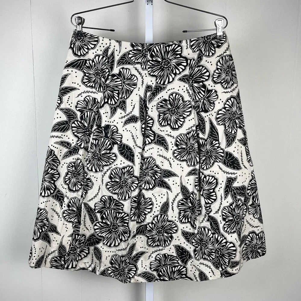 Charter Club Pleated Midi Skirt Cream Black Floral Flower A-Line‎ Womens Size 8